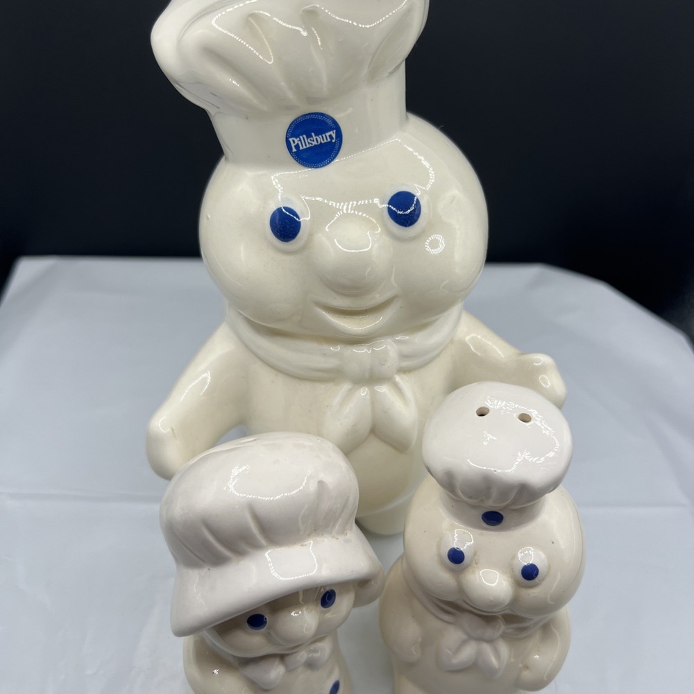 1988 3pc Lot Pillsbury Doughboy Ceramic Utensil Holder and Salt & Pepper Shakers - Picture 9 of 9